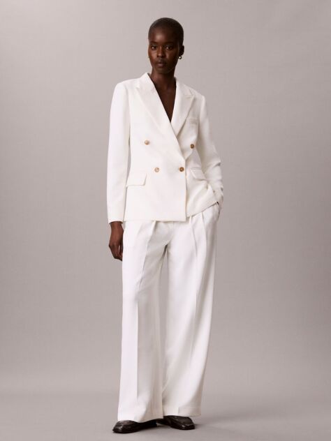 White Crepe Pleated Wide Leg Trousers  Women