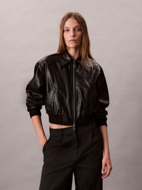 Negru Jacheta Bomber Scurta Din Piele Ecologica  Femei