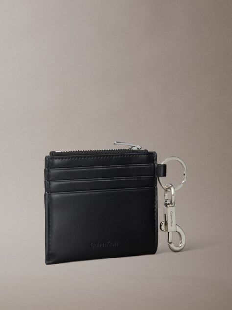 Black Leather Metal Logo Cardholder With Clip  Men