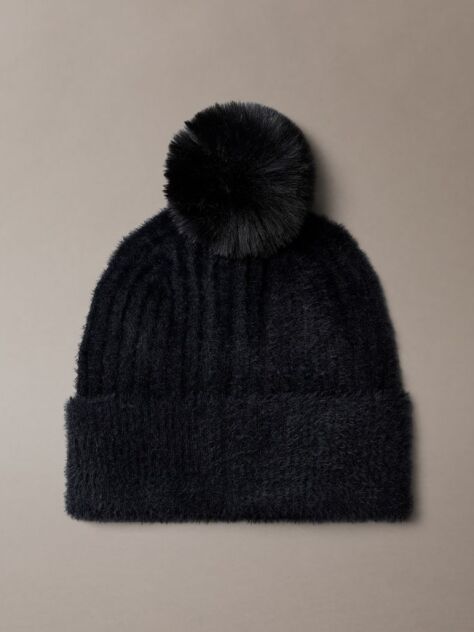 Negru Caciula Pufoasa Cu Pompon Si Monograma Brodata  Femei