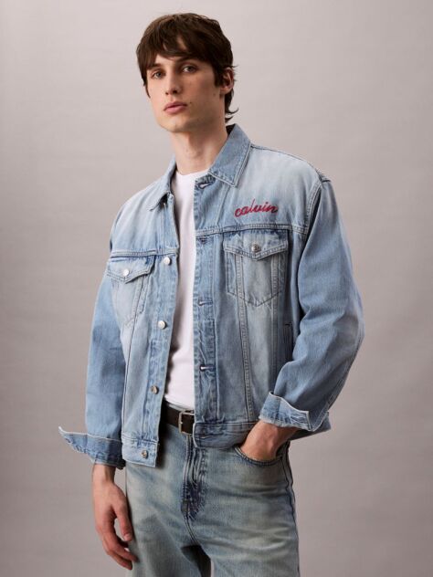 Denim Jacheta Trucker Stil Anii 90 Cu Logo Cusatura Tip Chain  Barbati