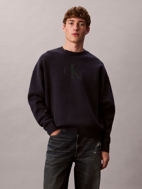 Albastru Pulover Relaxat Din Amestec De Bumbac Cu Logo Monogram  Barbati