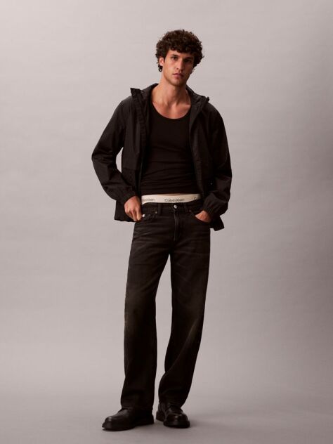 Negru Windbreaker Din Nylon Cu Maneca Lunga Si Flanse  Barbati