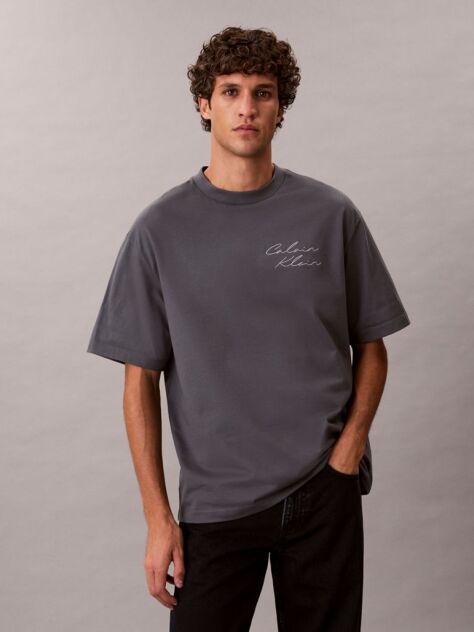 Gri Tricou Relaxat Cu Logo Script  Barbati