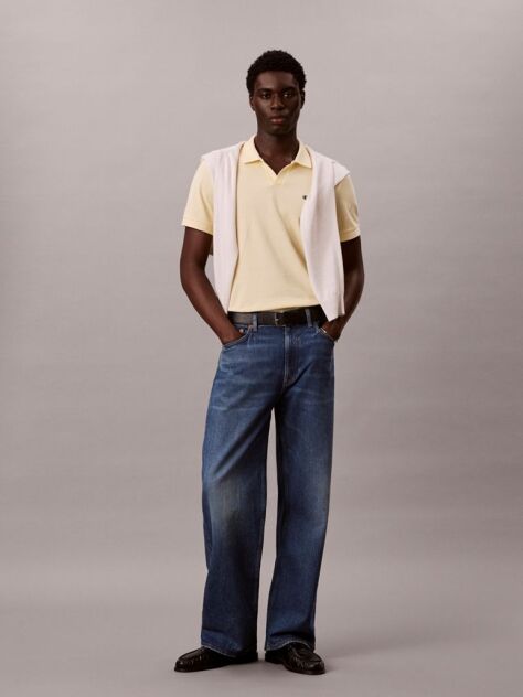 Galben Tricou Polo Din Bumbac Piqué Cu Guler Deschis  Barbati