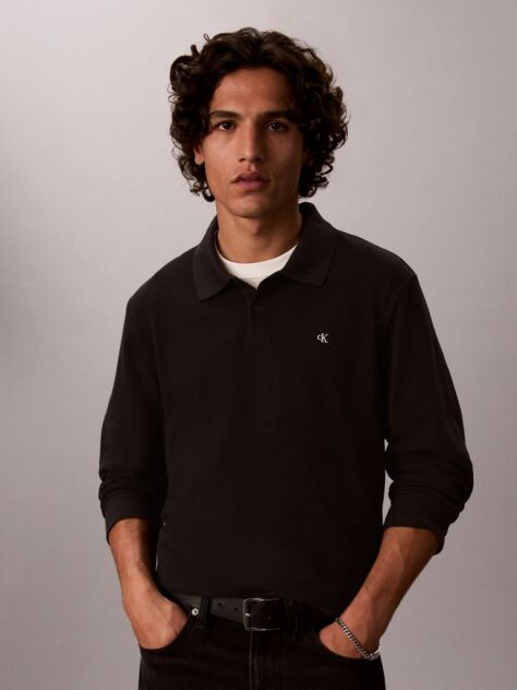 Negru Tricou Polo Cu Maneca Lunga Si Monograma  Barbati