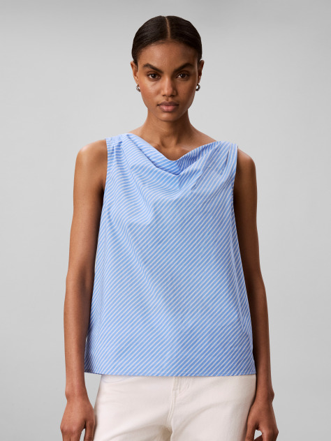 Blue Yarndye Cotton Poplin Slim Drape Top  Women