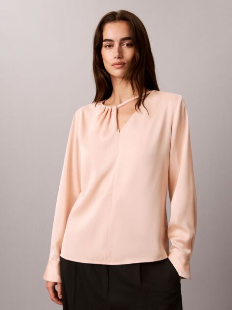 Roz Bluza Asimetrica Din Satin Cu Maneca Lunga  Femei