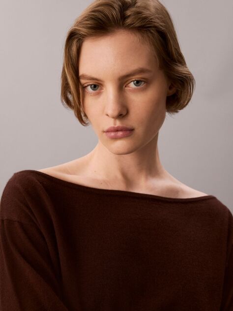 Brown Merino Wool Blend Boat Neck Jumper  Women