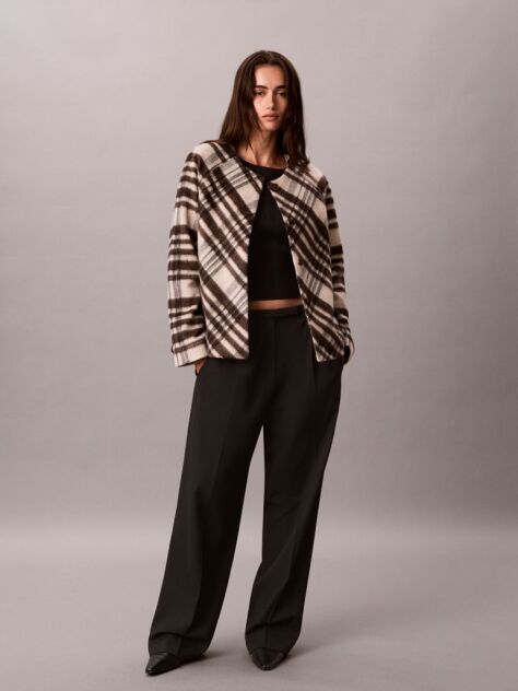 White Plaid Check Wool Blend Jacket  Women