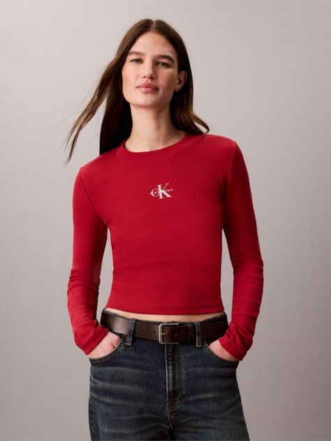 Red Monogram Logo Long Sleeve Baby Tee  Women