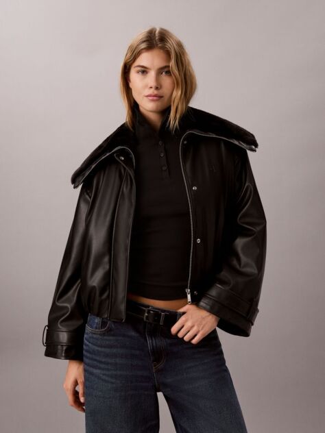 Black Faux Leather Bomber Jacket  Women