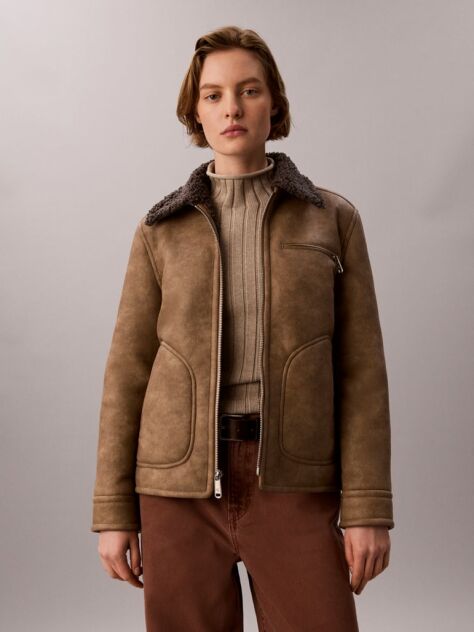 Brown Faux Shearling Aviator Jacket  Women