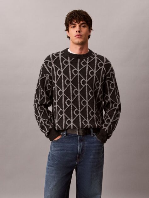 Grey Wool Blend Logo Jacquard Jumper  Men