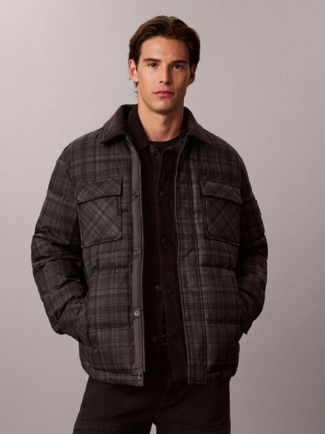 Gri Jacheta-Camasa Matlasata Cu Puf In Carouri Tartan  Barbati