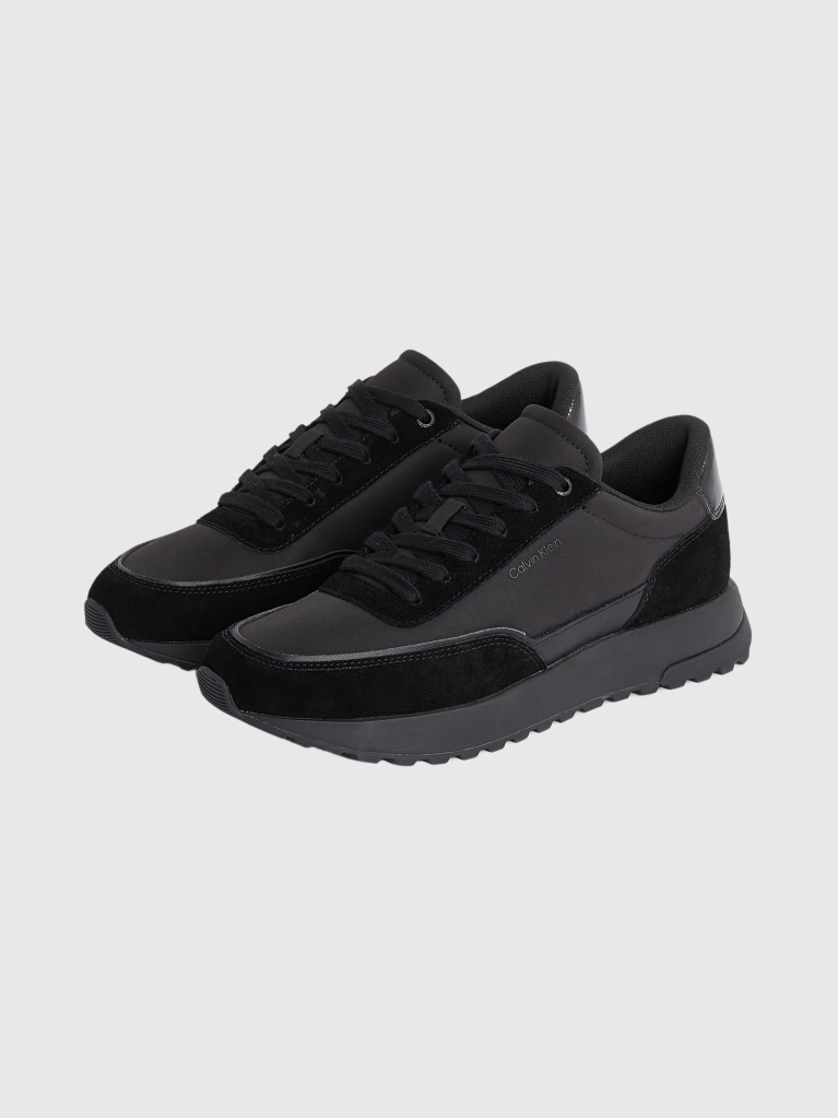 Black Leather Mix Runner Trainers  Men