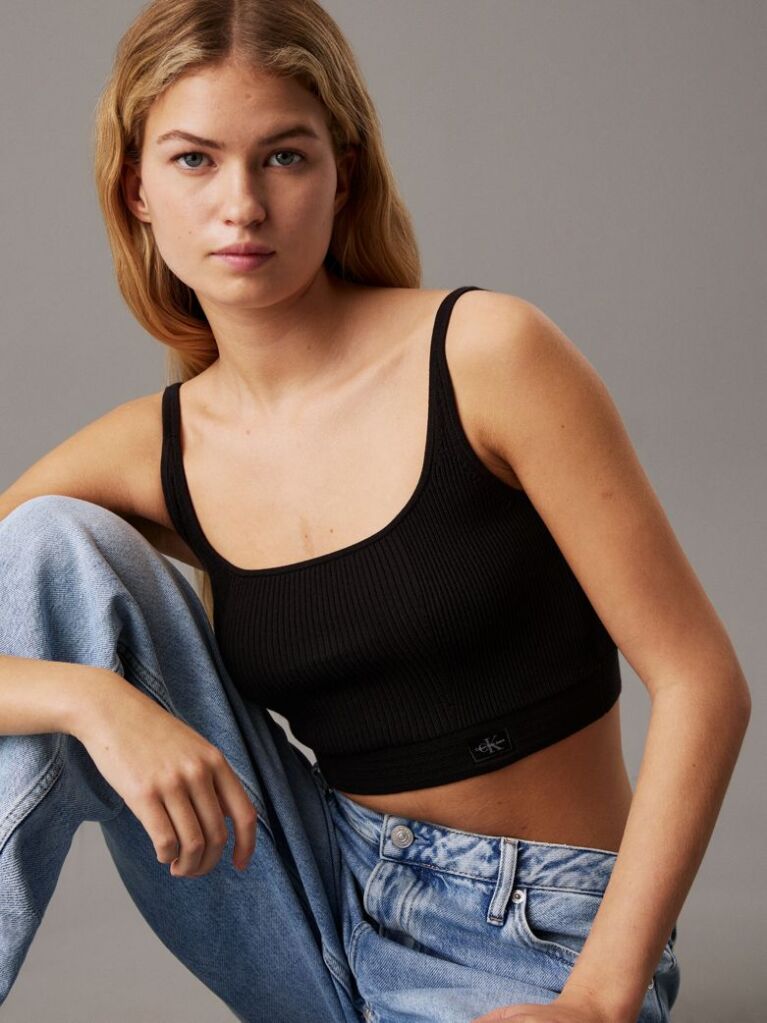 Negru Top Bralette Din Bumbac Cu Textura Rib  Femei