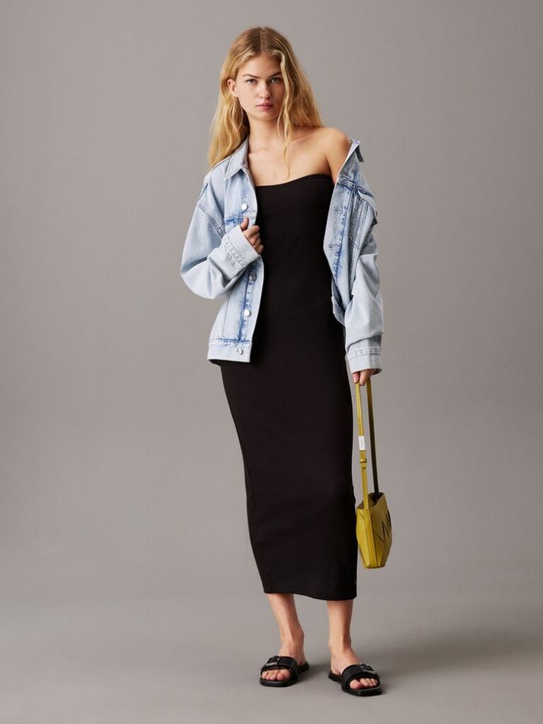 Negru Rochie Fara Bretele Din Bumbac Cu Textura Rib  Femei