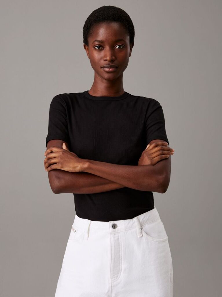 Negru Tricou Slim Din Modal Cu Textura Rib  Femei