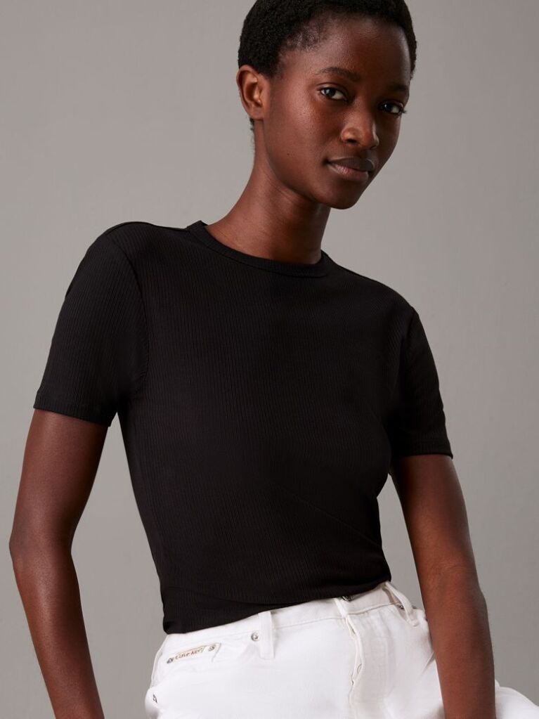 Negru Tricou Slim Din Modal Cu Textura Rib  Femei