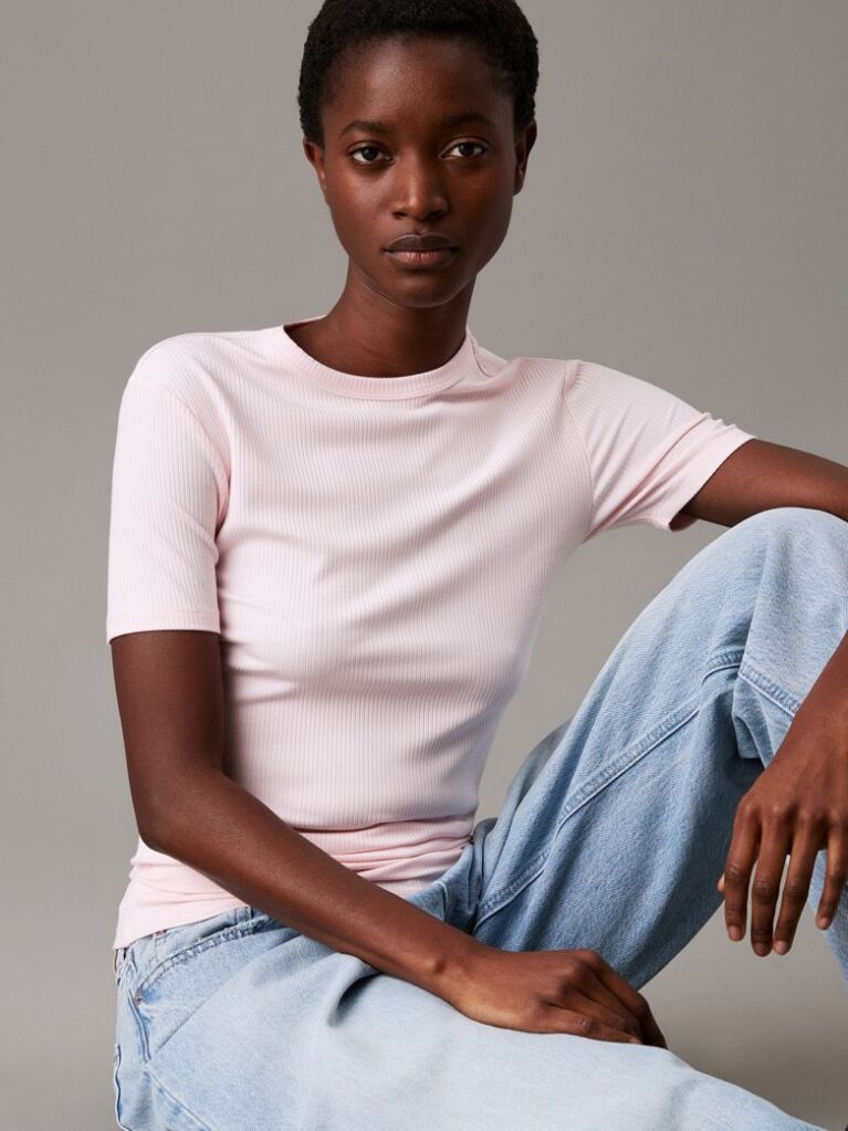 Roz Tricou Slim Din Modal Cu Textura Rib  Femei