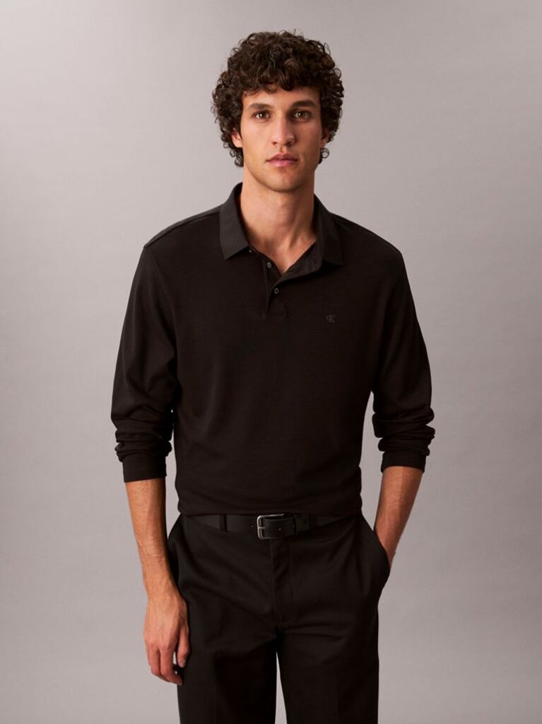 Negru Tricou Polo Cu Maneca Lunga Din Bumbac Supima  Barbati