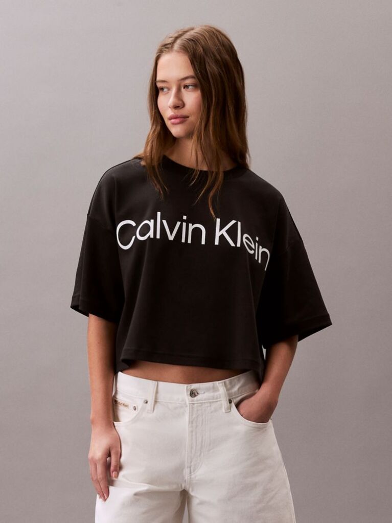 Negru Tricou Boxy Cropped Cu Logo Grafic  Femei