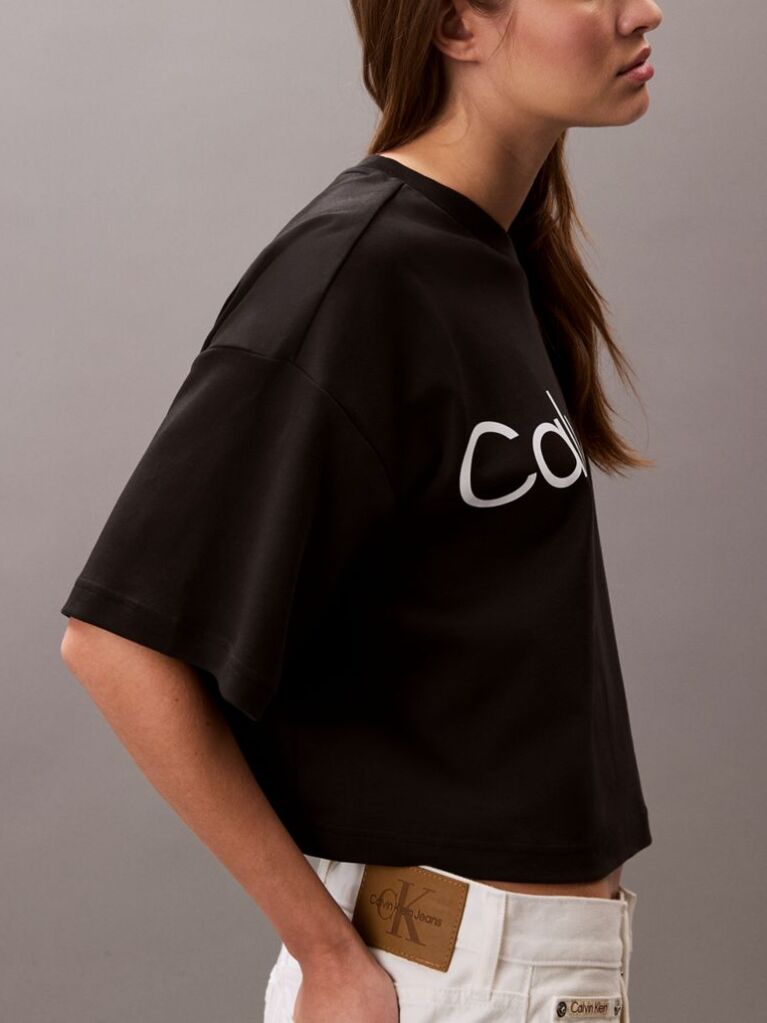Negru Tricou Boxy Cropped Cu Logo Grafic  Femei