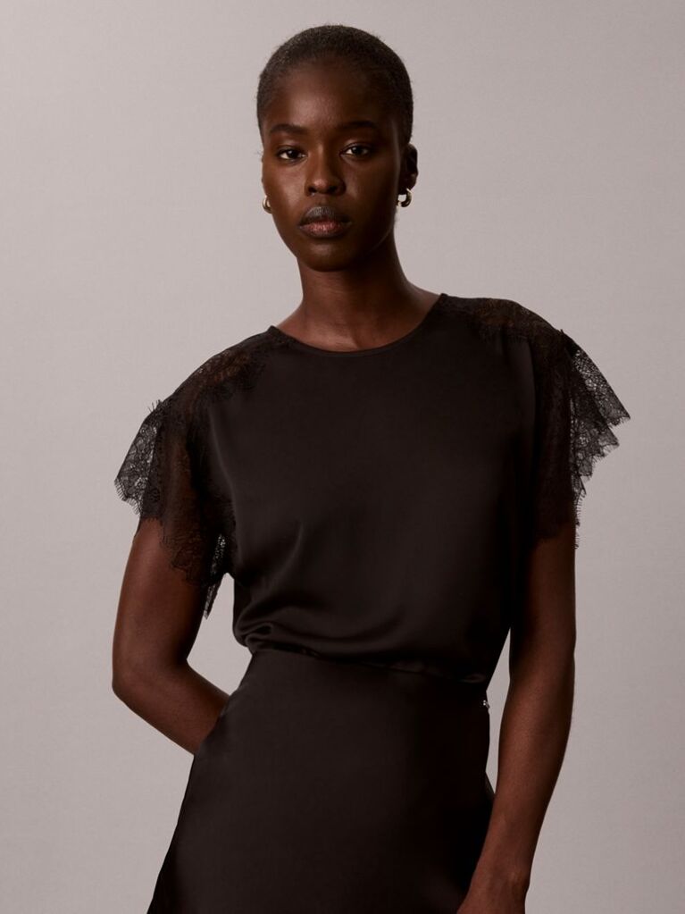 Black Matte Satin Lace Short Sleeve Top  Women