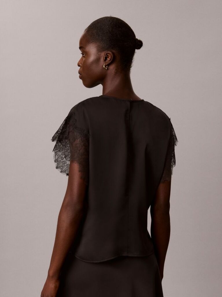 Black Matte Satin Lace Short Sleeve Top  Women