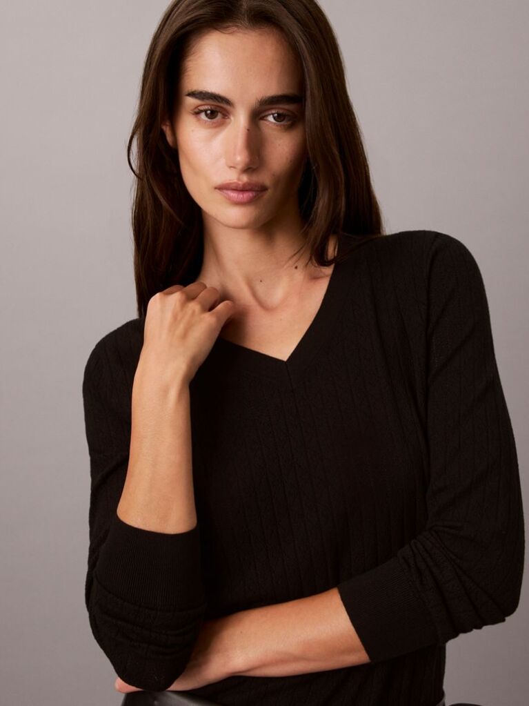 Black Emblem Pointelle Long Sleeve V-Neck Top  Women