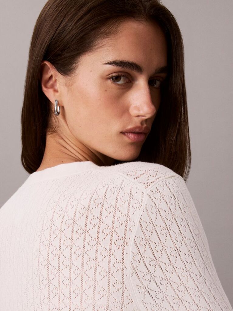 White Emblem Pointelle Long Sleeve V-Neck Top  Women
