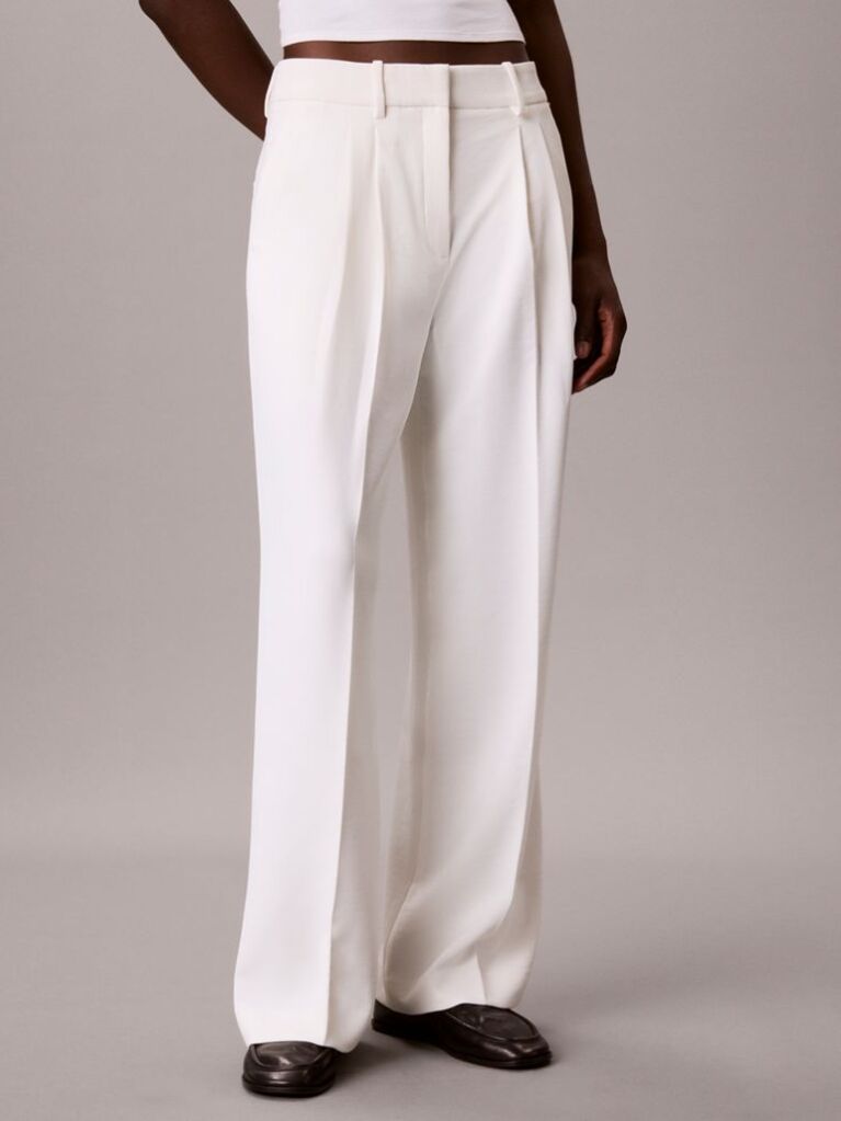 White Crepe Pleated Wide Leg Trousers  Women