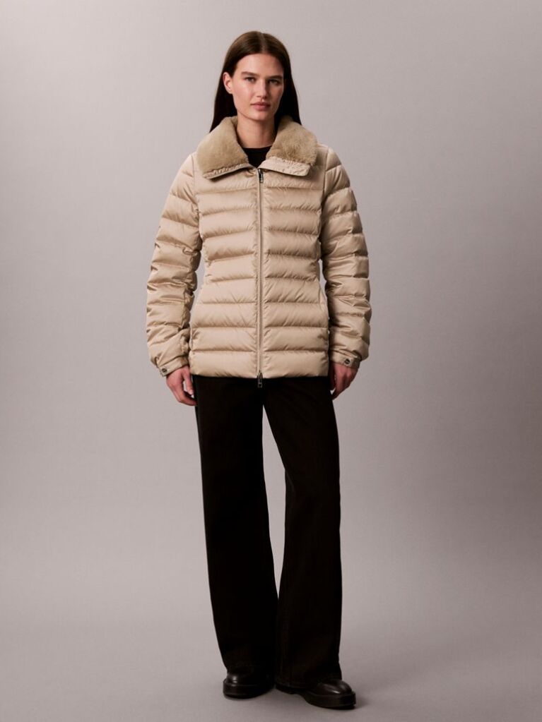 Beige Satin Lightweight Collared Puffer Jacket  Women