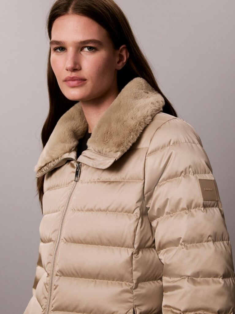 Beige Satin Lightweight Collared Puffer Jacket  Women
