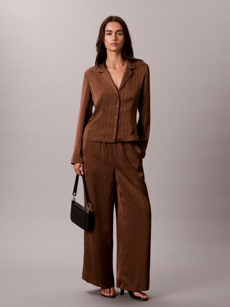 Brown Textured Stripe Wide Leg Pull-On Trousers  Women