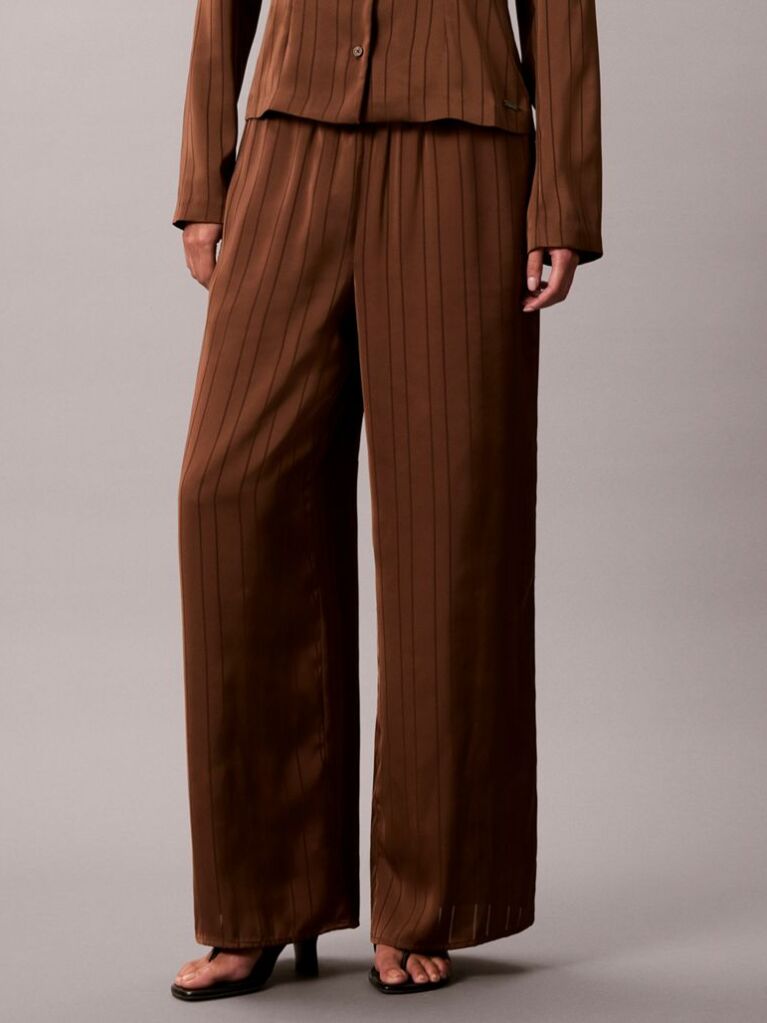 Brown Textured Stripe Wide Leg Pull-On Trousers  Women