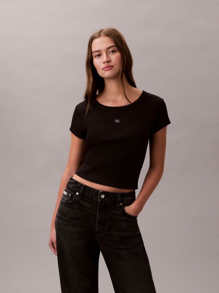 Black Slim Ribbed Cotton Badge T-shirt  Women