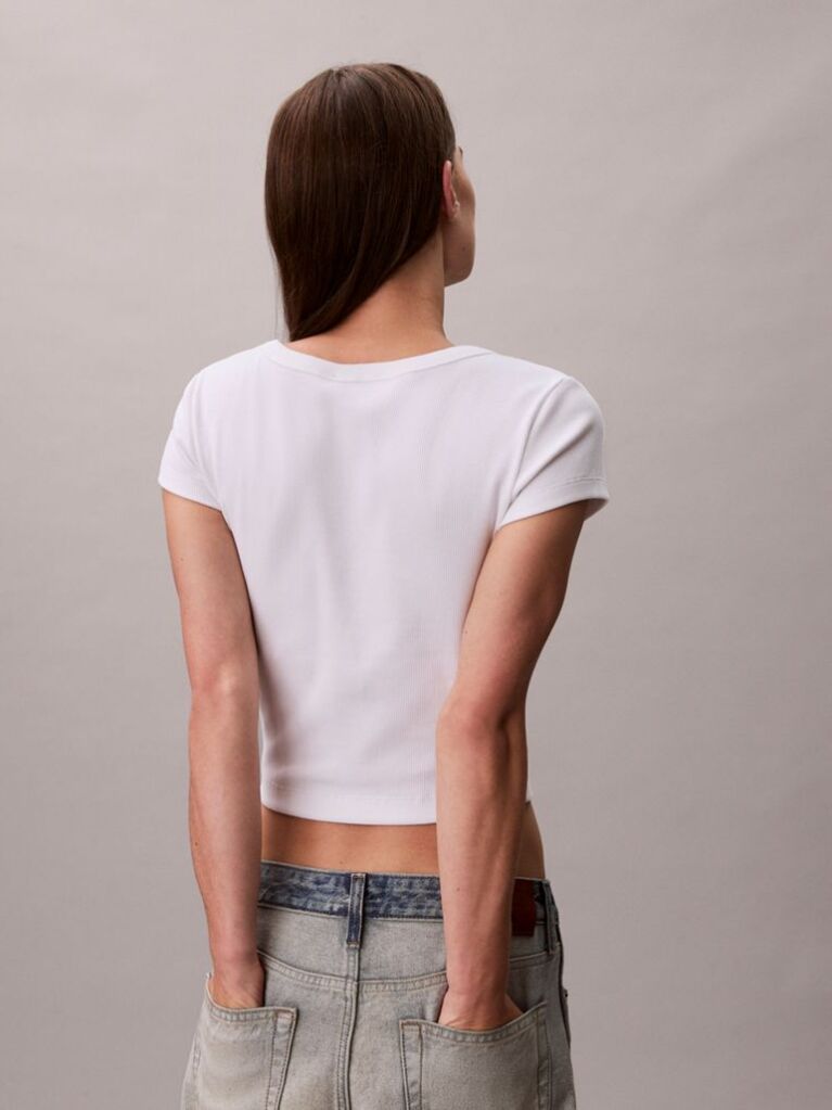 Alb Tricou Slim Din Bumbac Reiat Cu Emblema  Femei