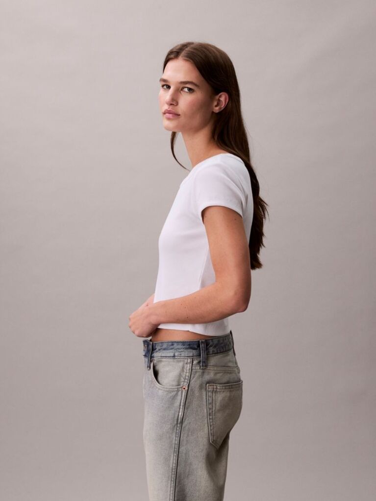 Alb Tricou Slim Din Bumbac Reiat Cu Emblema  Femei