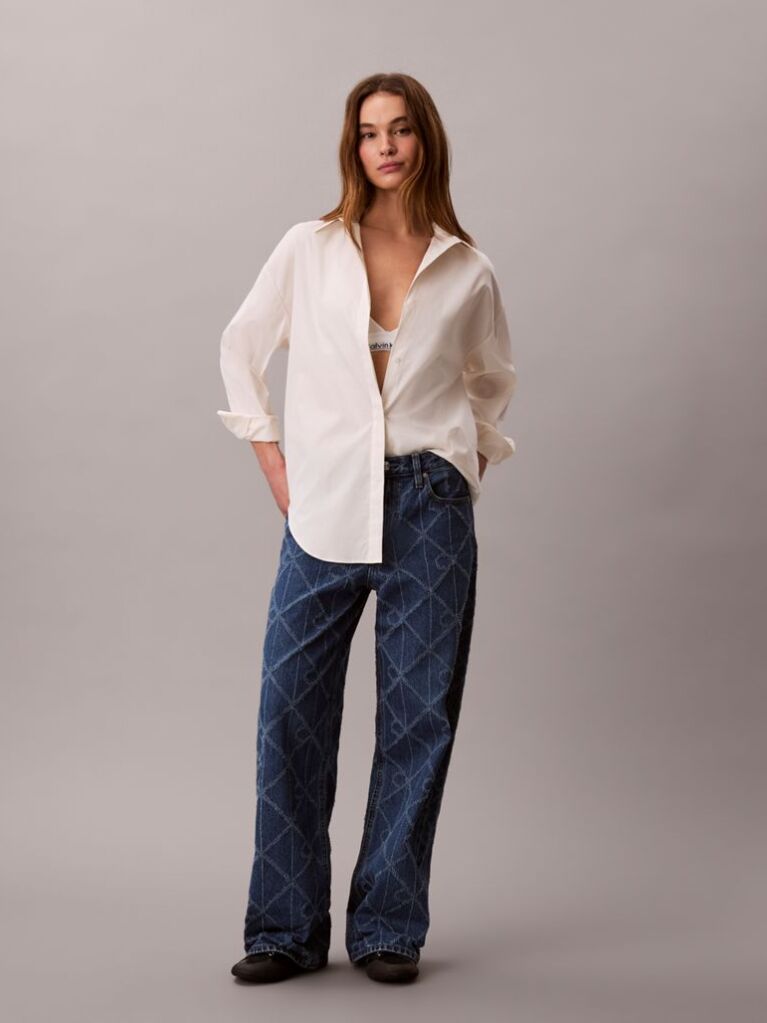 Denim Blugi Baggy Cu Talie Joasa  Si Monogram Pe Toata Suprafata  Femei