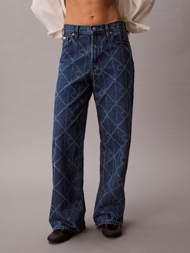 Denim Blugi Baggy Cu Talie Joasa  Si Monogram Pe Toata Suprafata  Femei