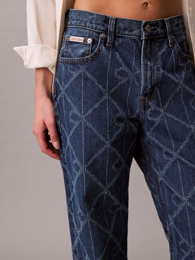 Denim Blugi Baggy Cu Talie Joasa  Si Monogram Pe Toata Suprafata  Femei