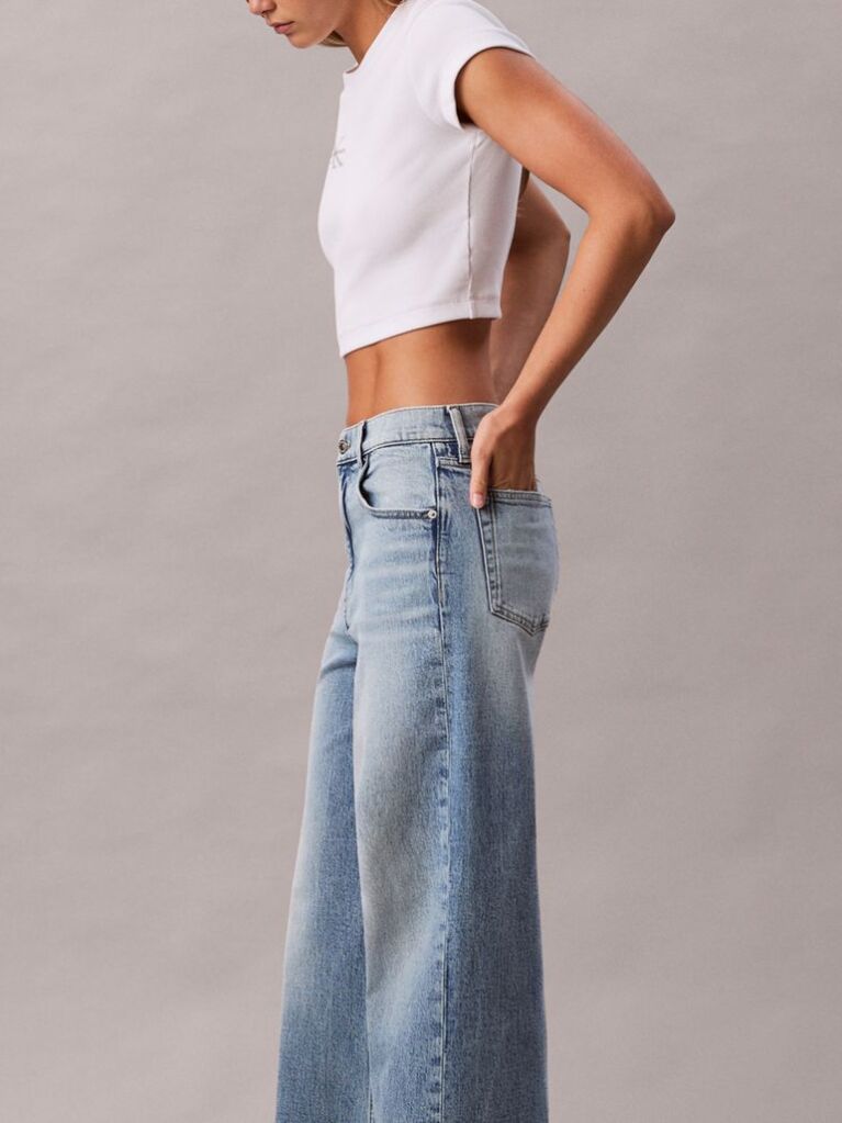 Denim Blugi Baggy Cu Talie Joasa  Si Monogram Pe Toata Suprafata  Femei