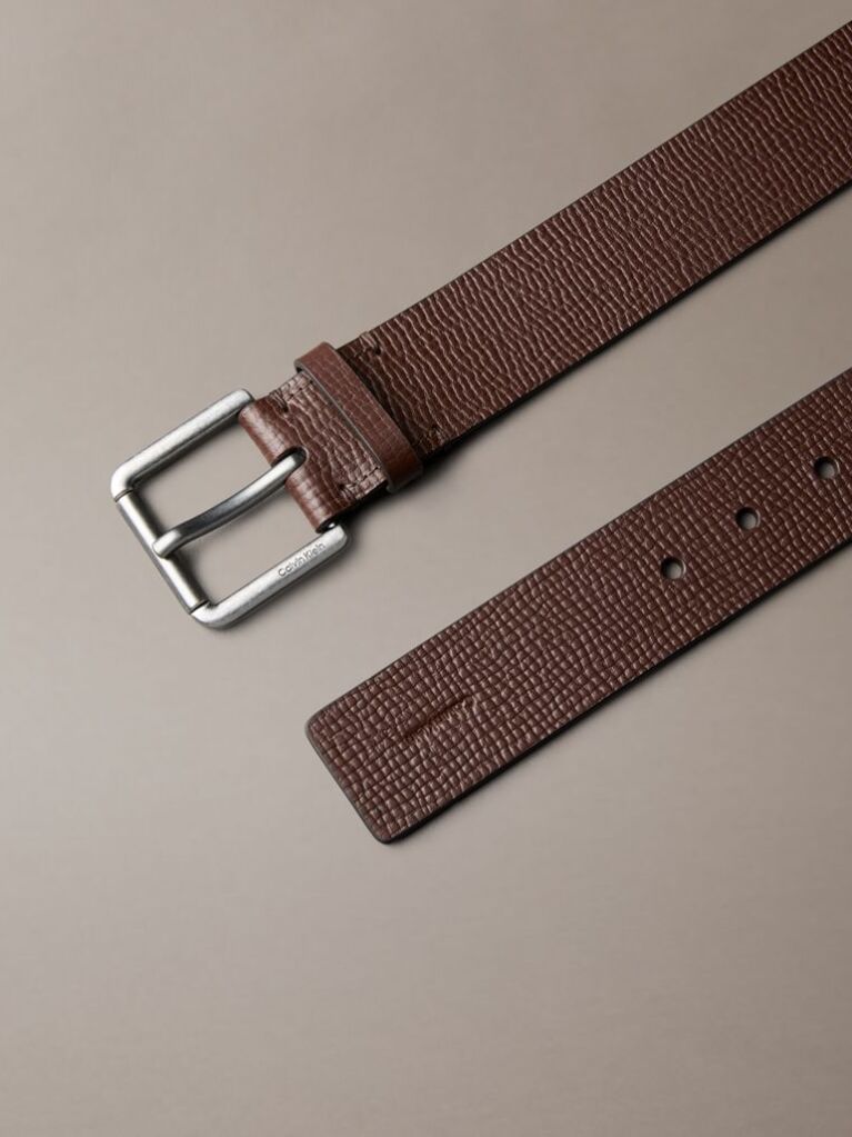 Brown Textured Leather Roller Buckle Belt  Men