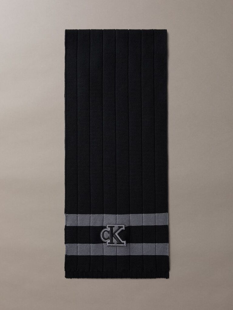 Black Textured Knit Monogram Patch Tipped Scarf  Men