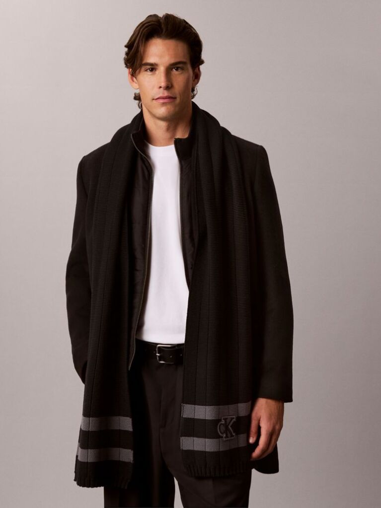 Black Textured Knit Monogram Patch Tipped Scarf  Men