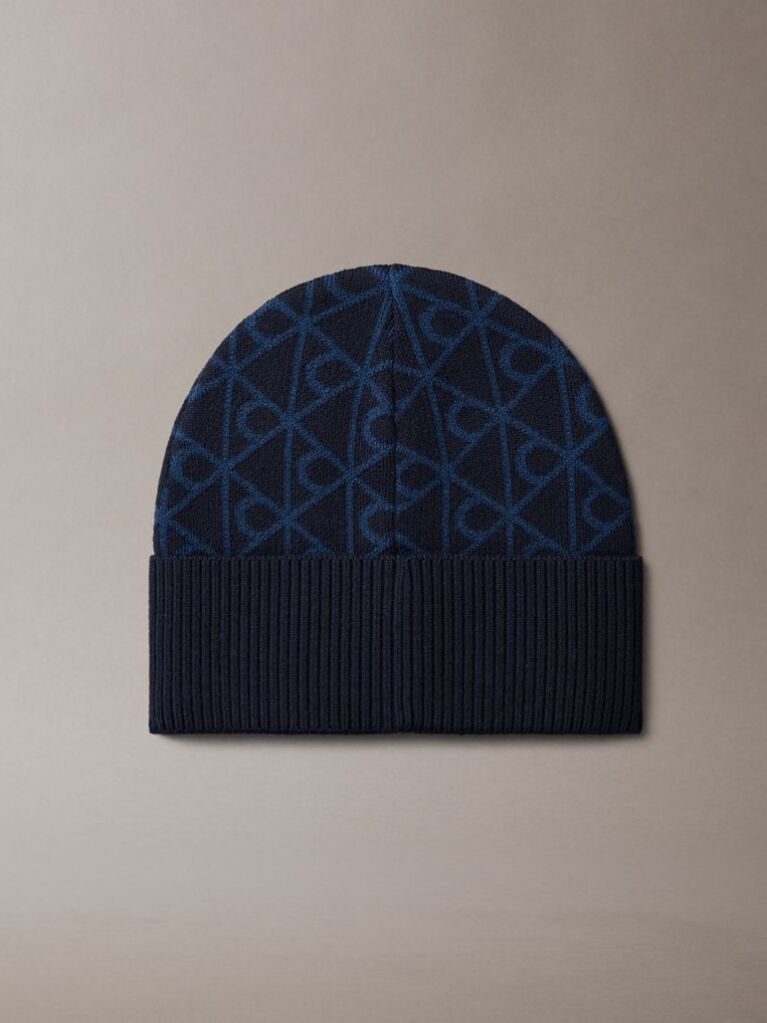 Blue Jacquard Emblem Wool Blend Beanie  Men