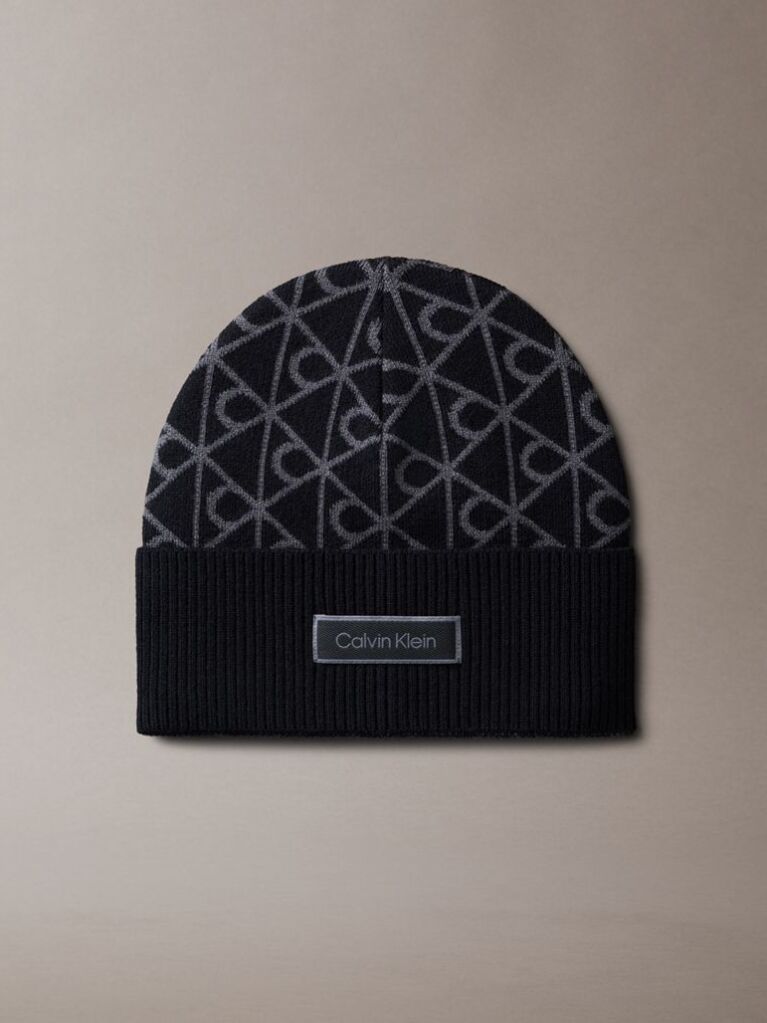 Black Jacquard Emblem Wool Blend Beanie  Men