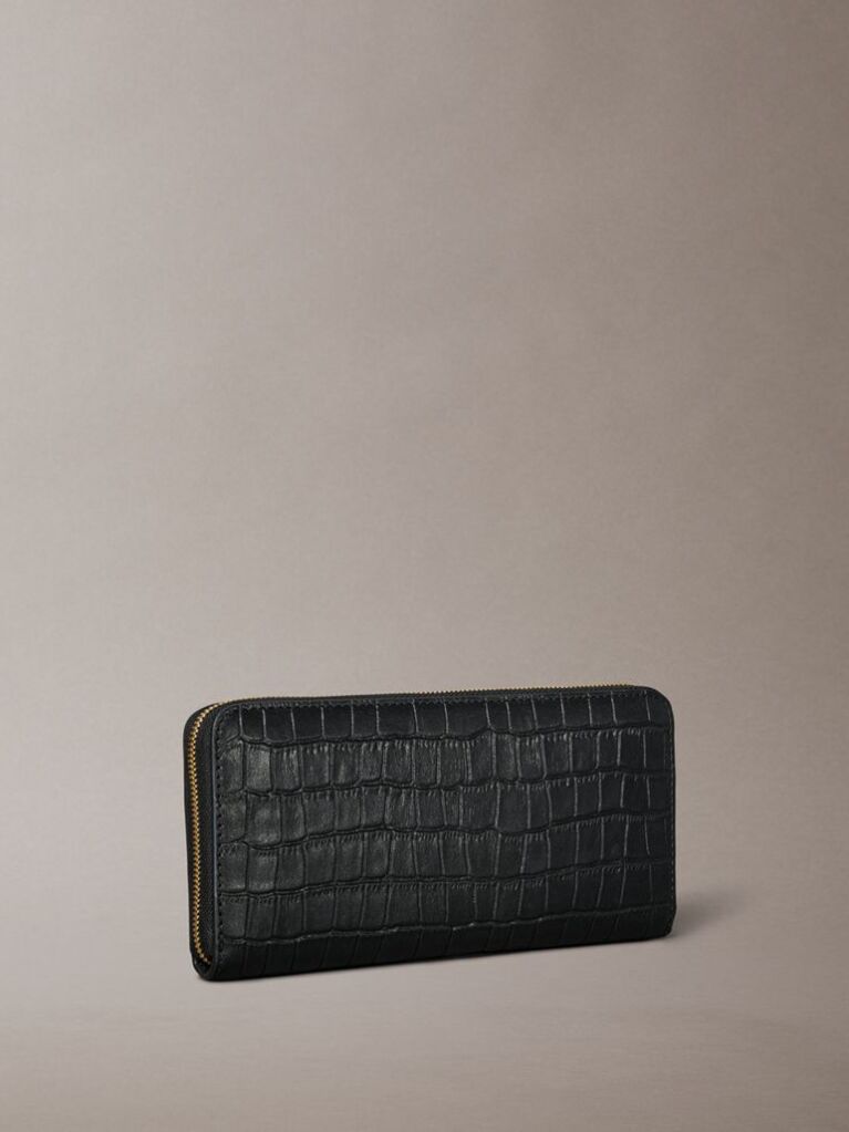 Negru Portofel Din Piele Cu Efect Croco, Cu Protectie RFID Si Inchidere Cu Fermoar  Femei